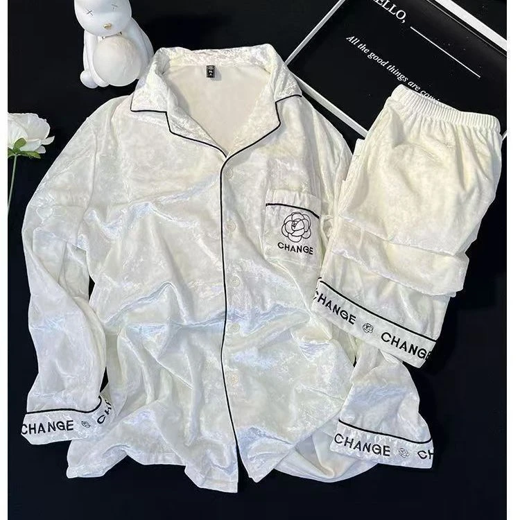 小香山茶花金丝绒睡衣两件套装外出家居服冬开衫长袖长裤甜美保暖