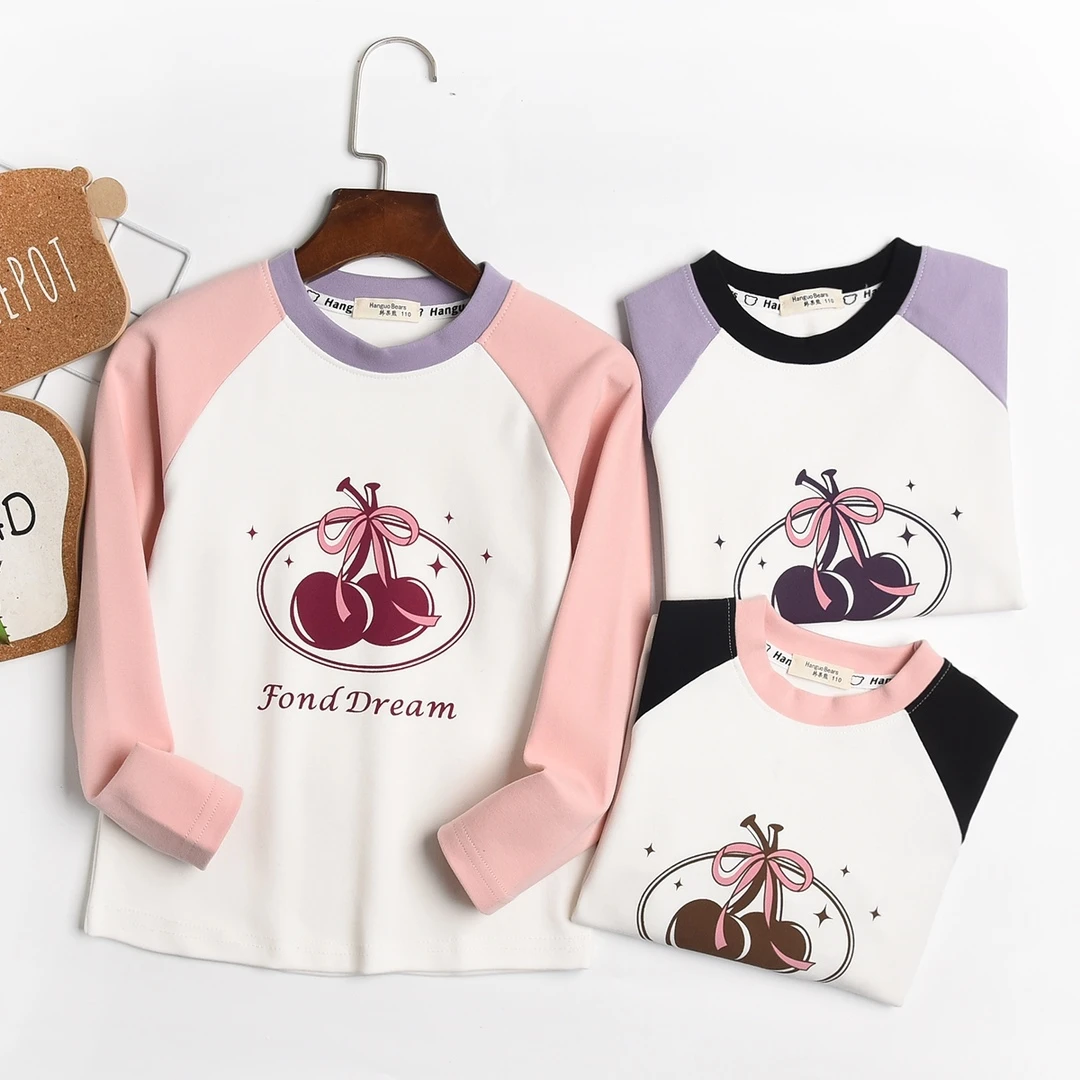 女童春季新款拼色圆领打底衫T恤