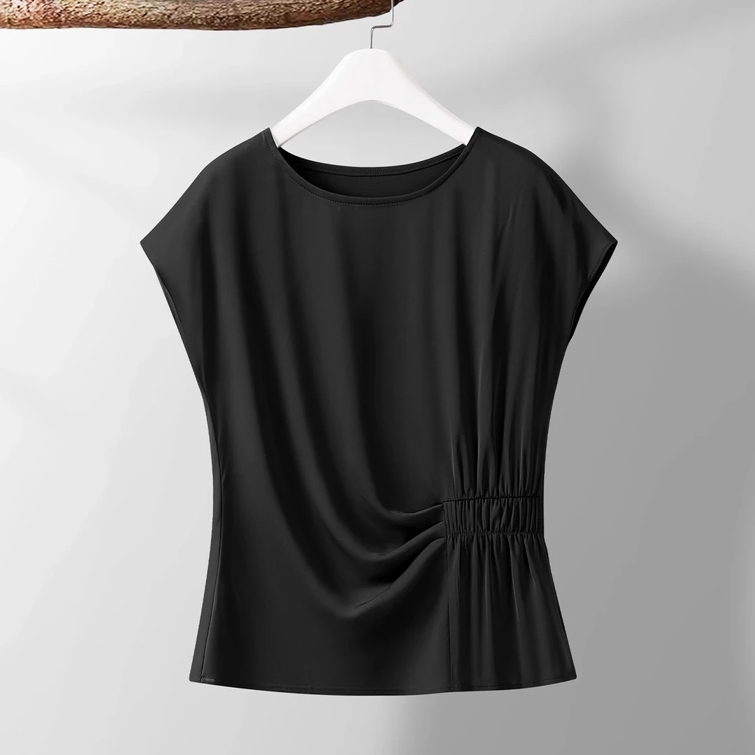 拉夏贝尔醋酸上衣女夏2025新款轻奢高级感百搭短款不规则缎面小衫