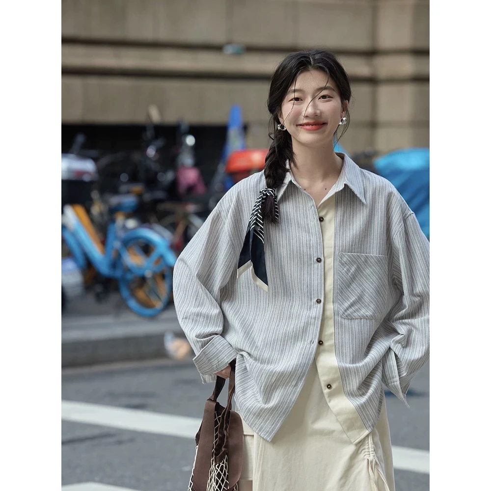 原布加工宽松拼接条纹长袖衬衫女设计感衬衣春秋休闲百搭上衣