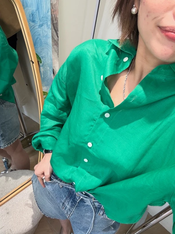 韩版绿色宽松显白长袖衬衫洋气防晒抗皱垂感上衣