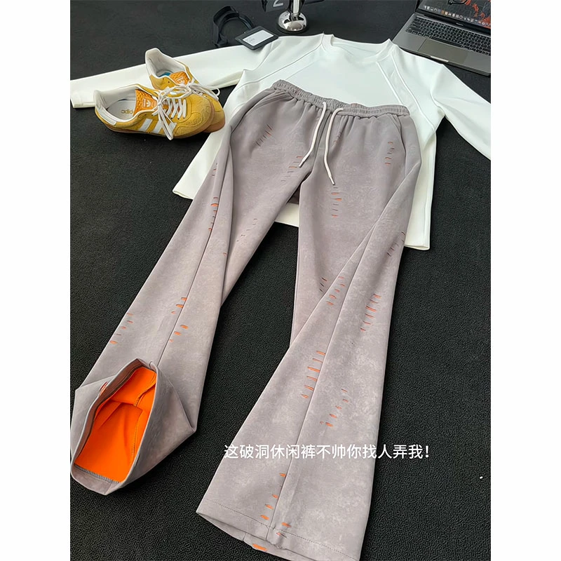 初秋原创新款长裤美式割破撞色休闲裤男女宽松直筒卫裤弯刀裤