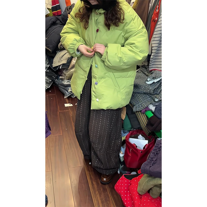 日系甜美花边领彩扣棉服外套森女冬季保暖面包服宽松显瘦休闲裤子