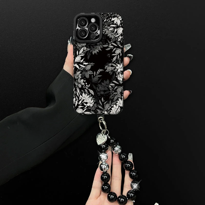 黑白花丛适用苹果17pro手机壳挂绳小羊皮苹果16promax高颜值小众