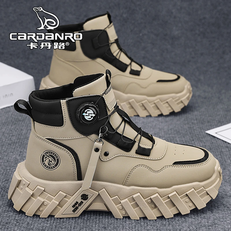 意大利卡丹路高帮男鞋冬季皮面厚底增高工装靴男士运动中帮马丁靴