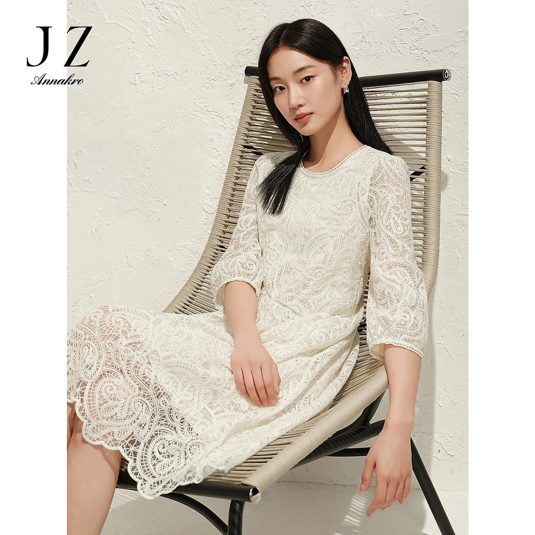 玖姿安娜蔻优雅浪漫腰果花蕾丝珠片A字连衣裙女2025夏KWFC50060