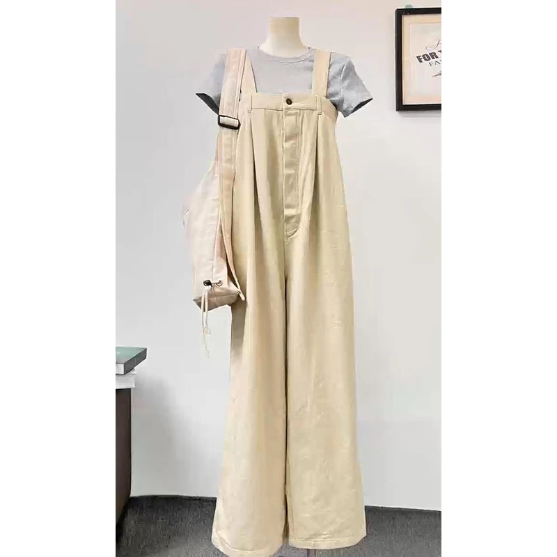 原宿风米白色牛仔背带裤女夏新款复古慵懒休闲宽松显瘦阔腿长裤子