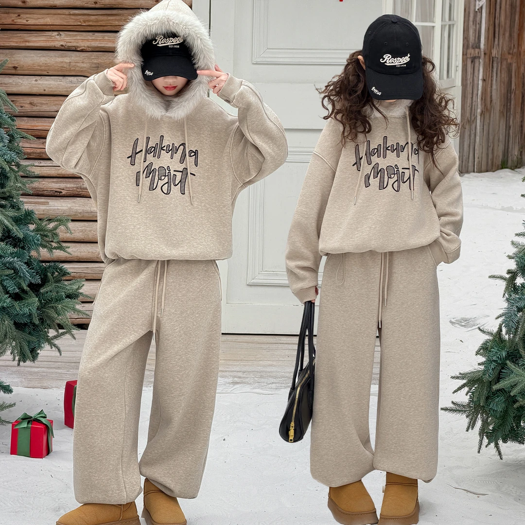 新年加绒女童套装加厚时尚洋气柔软亲肤6-12岁潮流款阔腿连帽