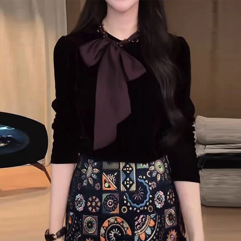 2025秋季新款时尚显瘦气质减龄蝴蝶结绑带长袖衬衫上衣绝美小衫女