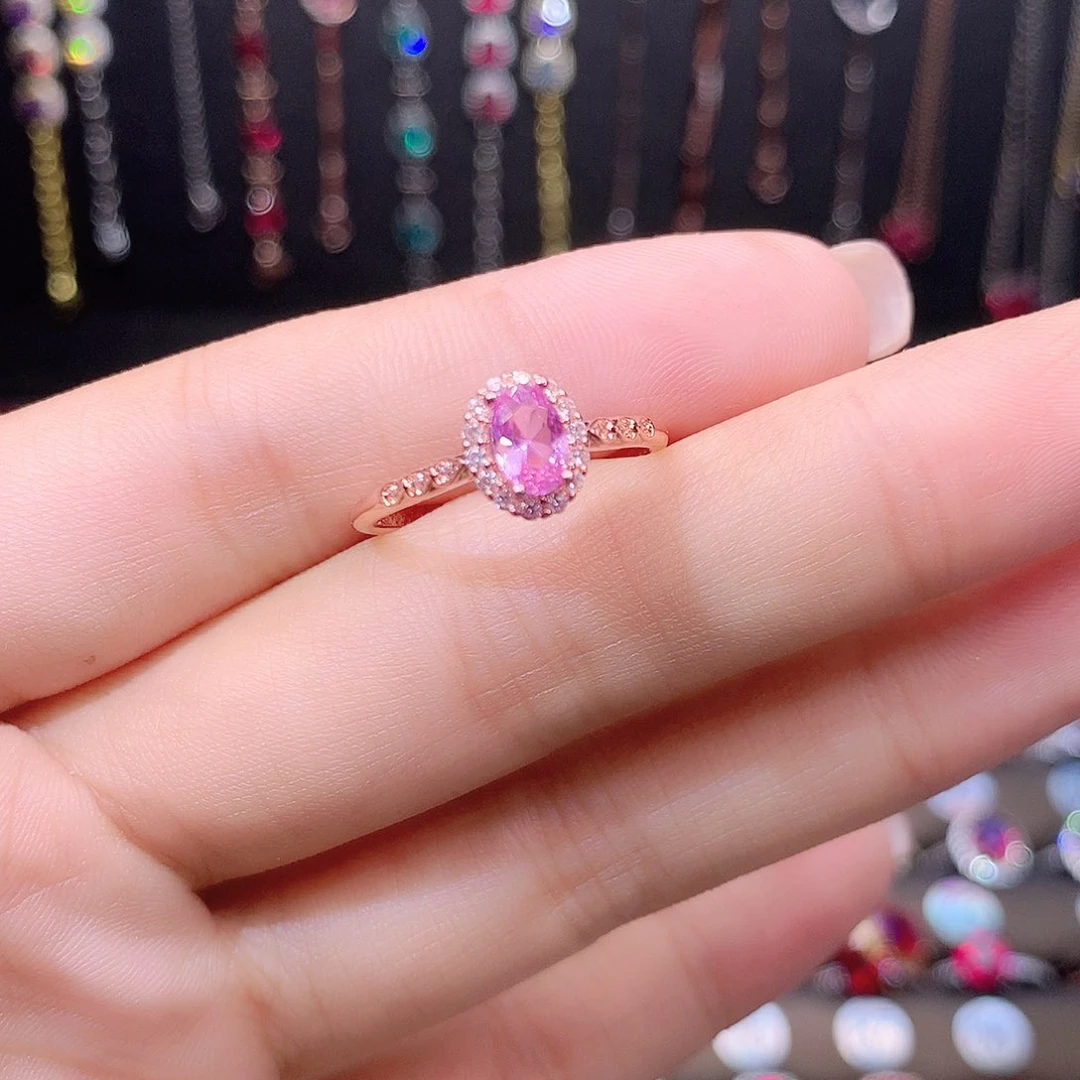 蓝宝石戒指银S925镶嵌玫瑰金46