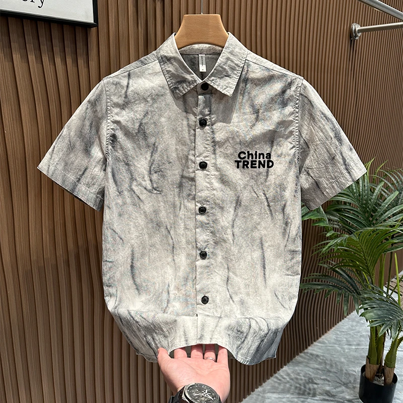 轻奢潮牌复古男士短袖衬衫夏季时尚百搭文艺休闲宽松透气上衣男装