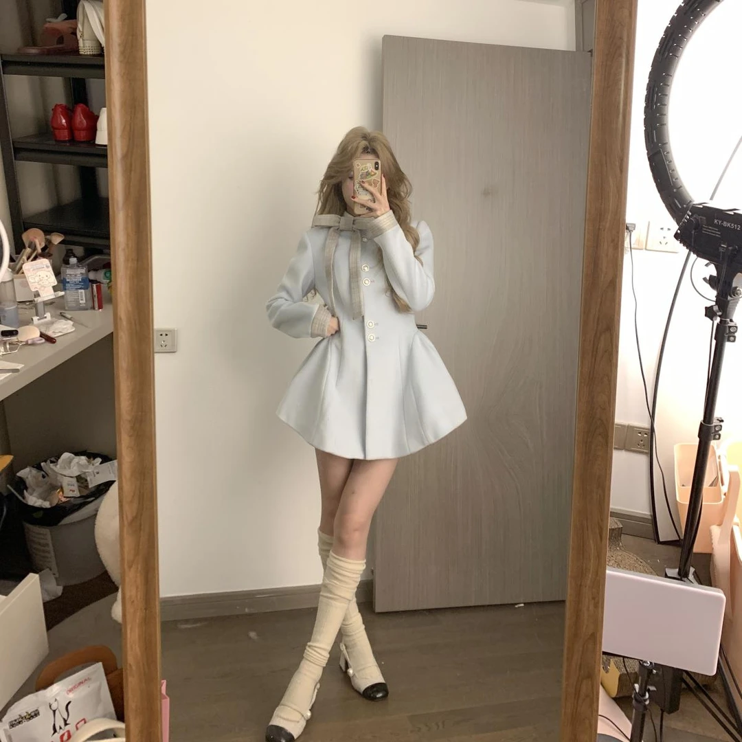 b【奥斯汀少女】中长款收腰毛呢连衣裙女冬季法式复古气质裙子