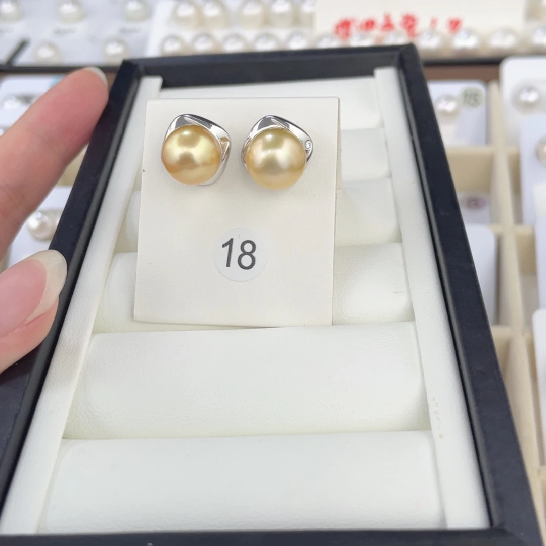 未镶嵌海水珍珠金珠耳钉10-11mm