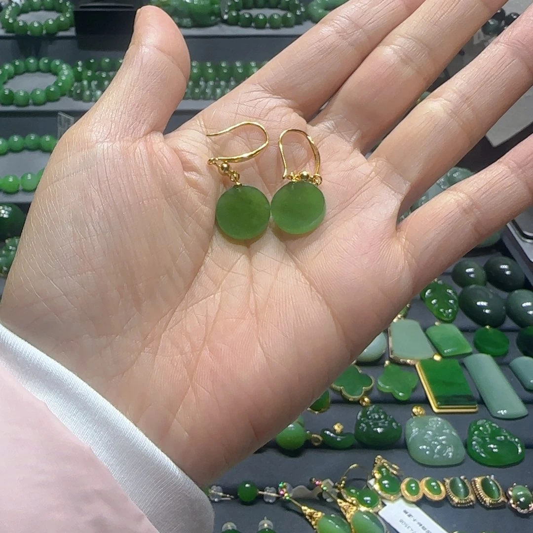 和田玉（碧玉）银S925镶嵌耳饰