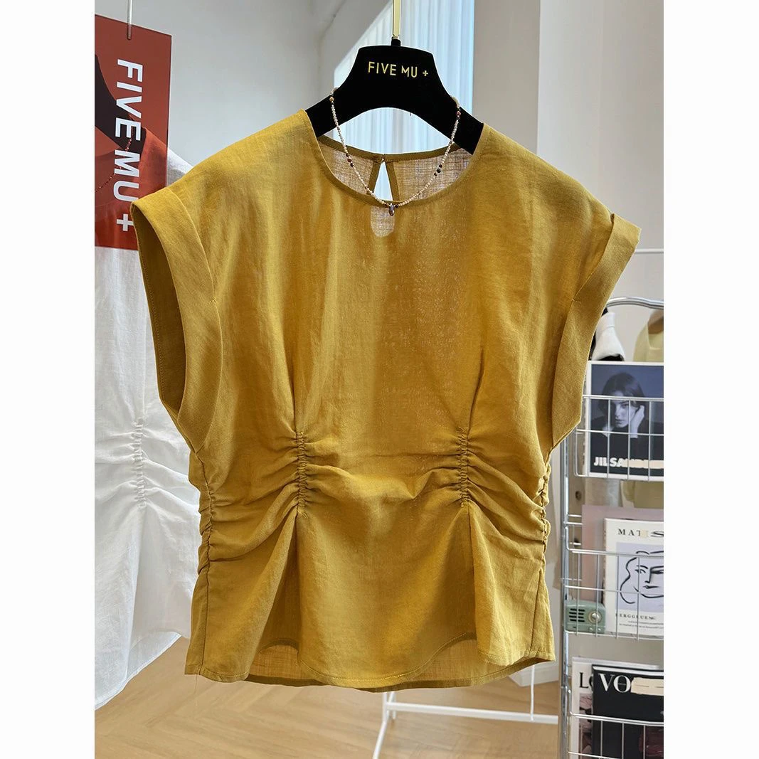 设计感独特别致腰部褶皱显瘦纯色无袖上衣女高端衬衫气质红色上衣