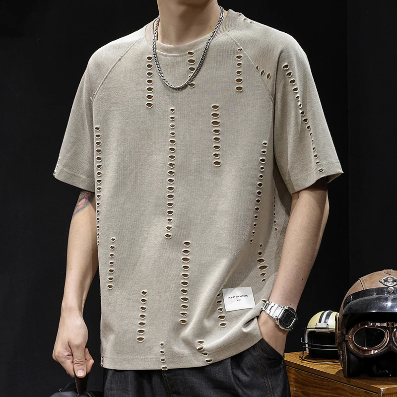 LEIGHZ/雷茨破洞短袖t恤男士夏季新款美式复古提花重磅体恤大码