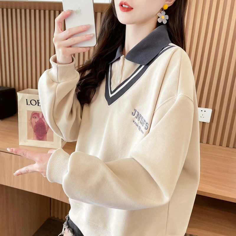 撞色重工polo领卫衣女2025新款春秋季韩版宽松薄款假两件上衣外套