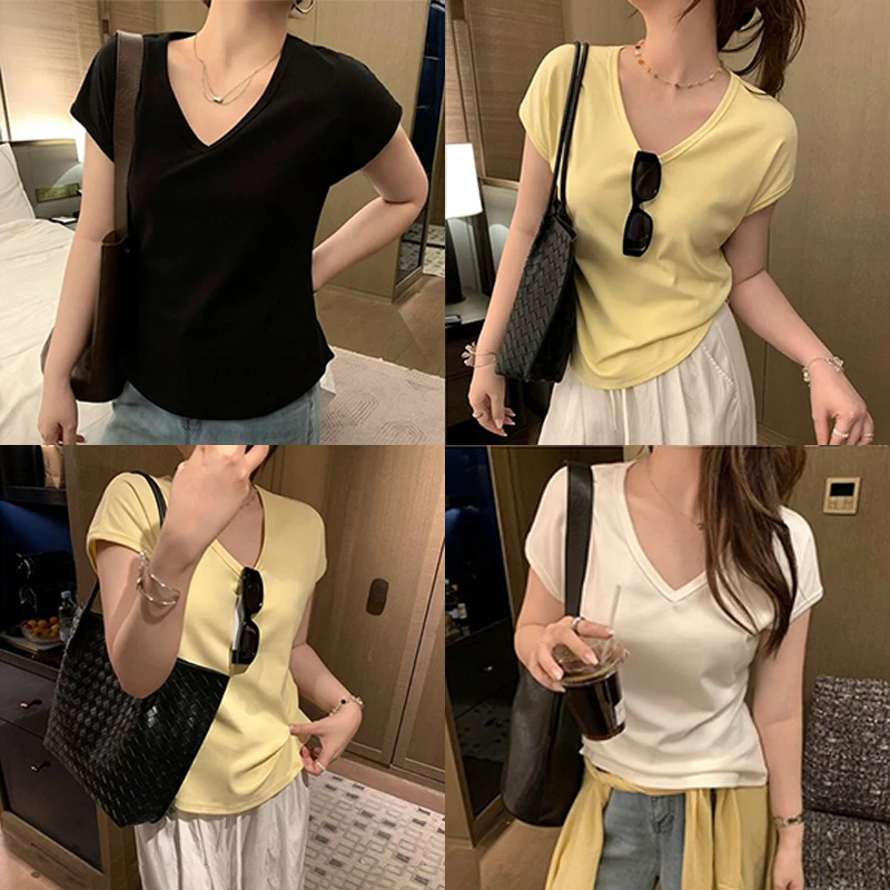 设计感正肩短袖t恤女2025夏季新款时尚百搭小众别致显瘦v领上衣潮