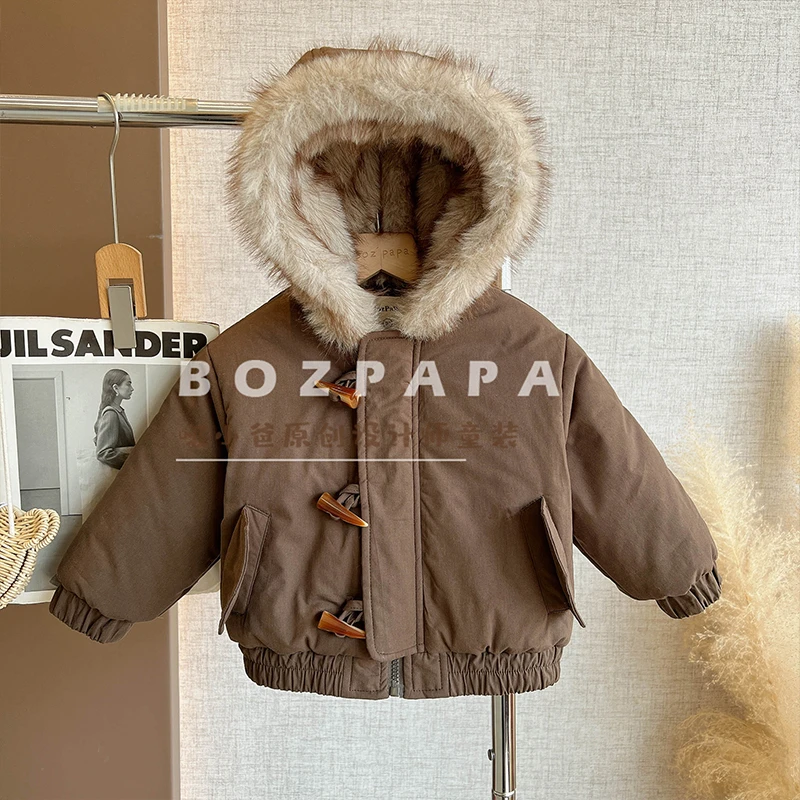 啵小爸【雪绒暖衣】2025冬季新款男童宝宝百搭毛领连帽保暖加绒外套