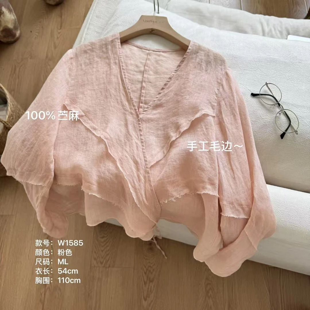 小文姐 W1585-夏季复古设计感不规则长袖衬衫V领交叉系带上衣