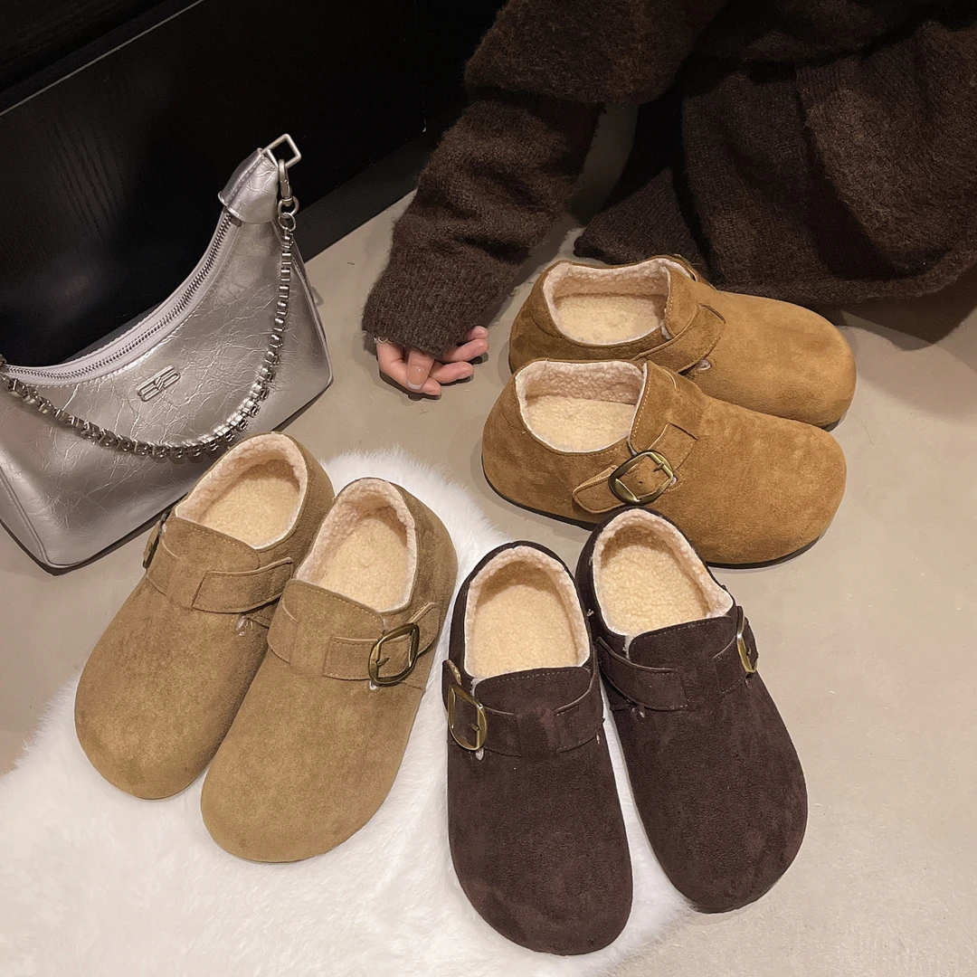 复古绒面勃肯鞋女2025秋冬新款加绒保暖棉鞋平底一脚蹬懒人豆豆鞋