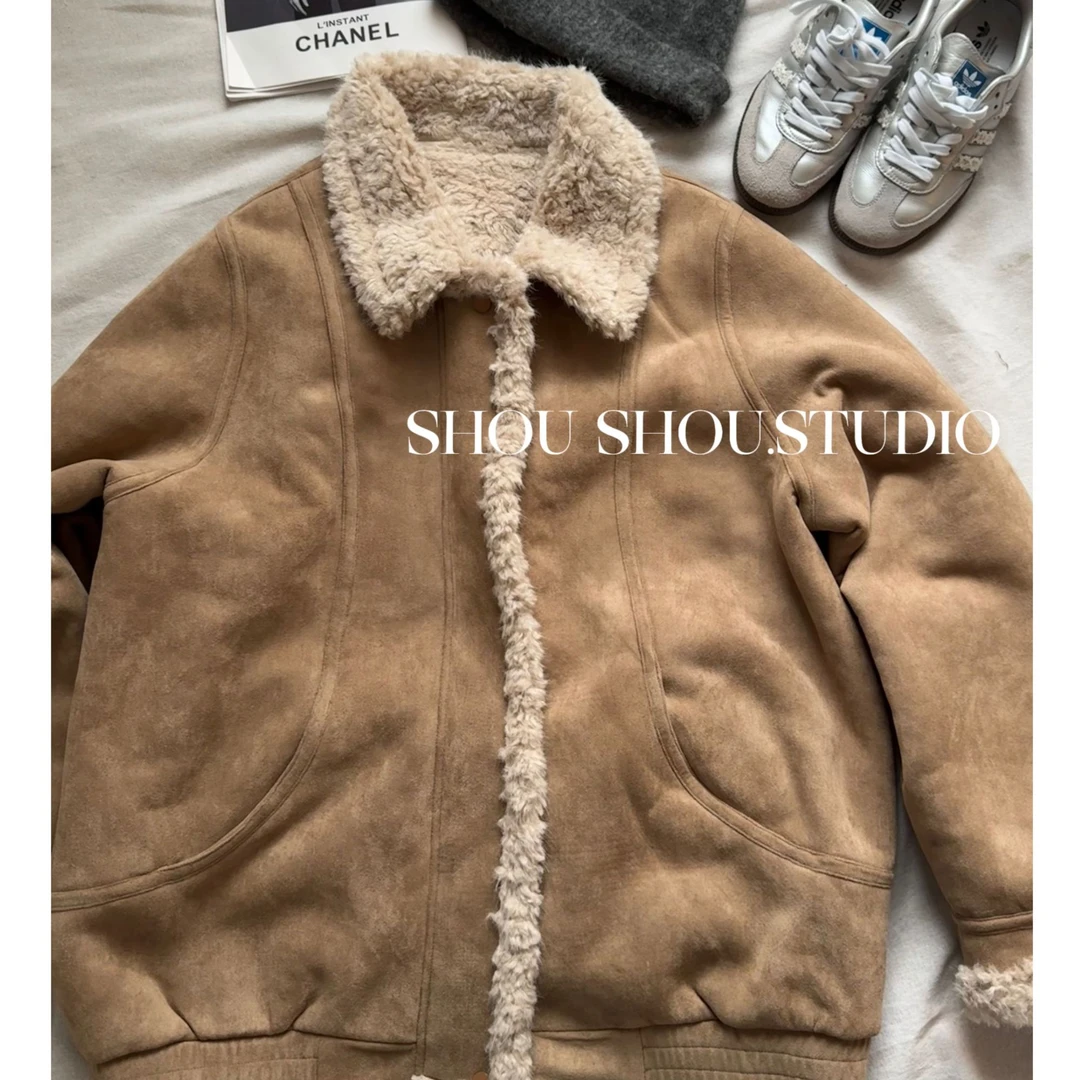 【瘦瘦】雪顶摩卡-大码翻领美拉德系复古百搭皮毛外套S02213