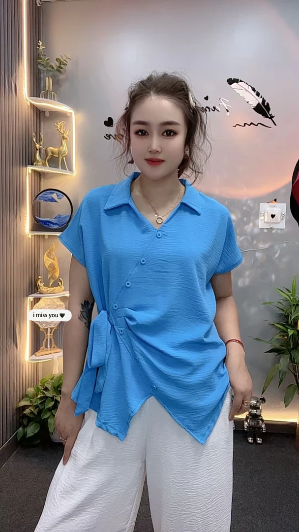 新款翻领拼接钉扣系带开叉短袖显瘦遮肉百搭上衣