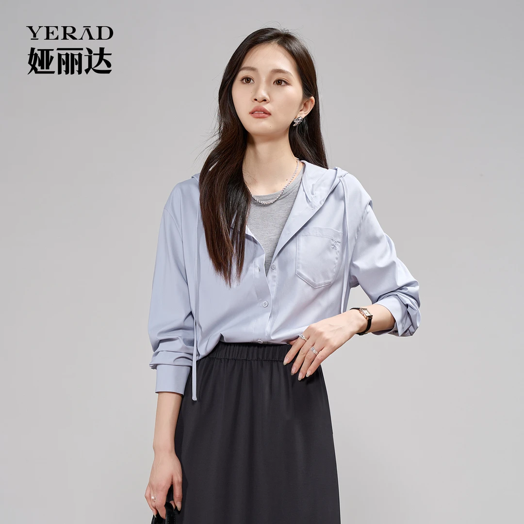 娅丽达宽松连帽长袖绿色衬衫女2025秋季新款大码女装休闲衬衣外套