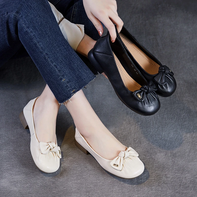 羊皮褶皱软底小单鞋女2025春夏新法式蛋卷鞋蝴蝶结浅口软底豆豆鞋