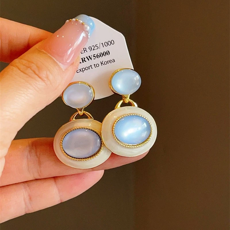 铜合金珐琅耳饰 珐琅耳饰复古天空蓝猫眼石珐琅釉耳环几何形法式