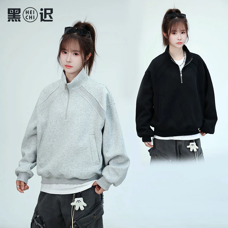 美式复古半拉链套头卫衣男女秋季宽松情侣百搭休闲上衣