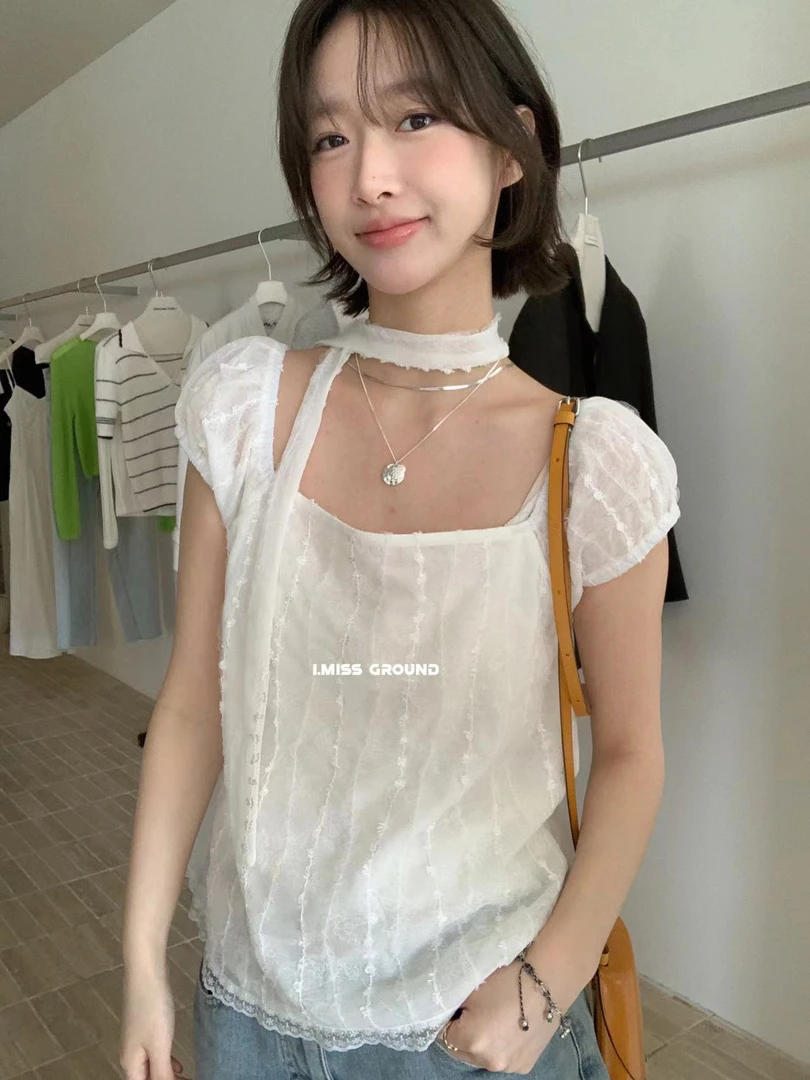imiss@80622 韩系甜美气质方领舒适小衫（配飘带 衣长51）6-26