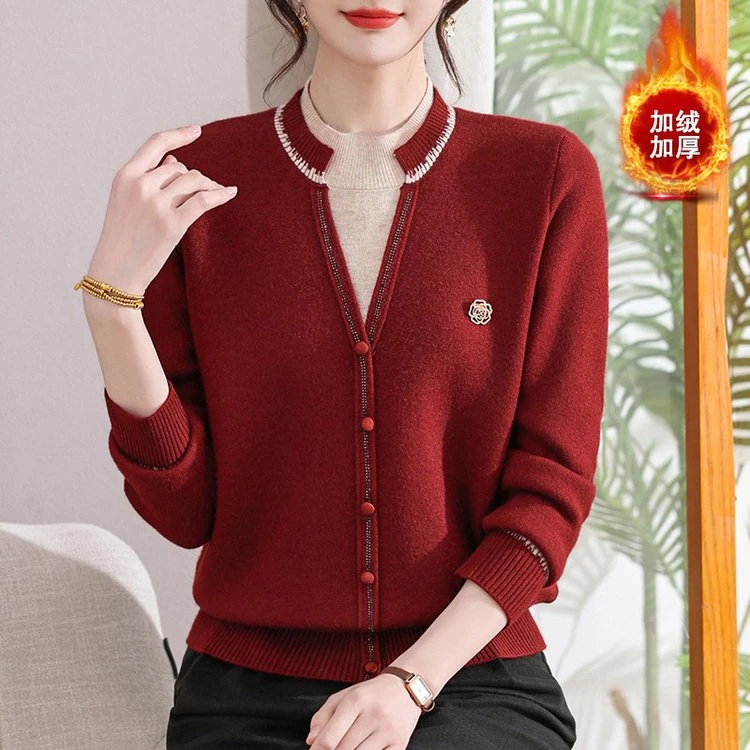 中老年冬装加绒保暖毛衣女洋气一体绒打底衫妈妈装假两件针织上衣