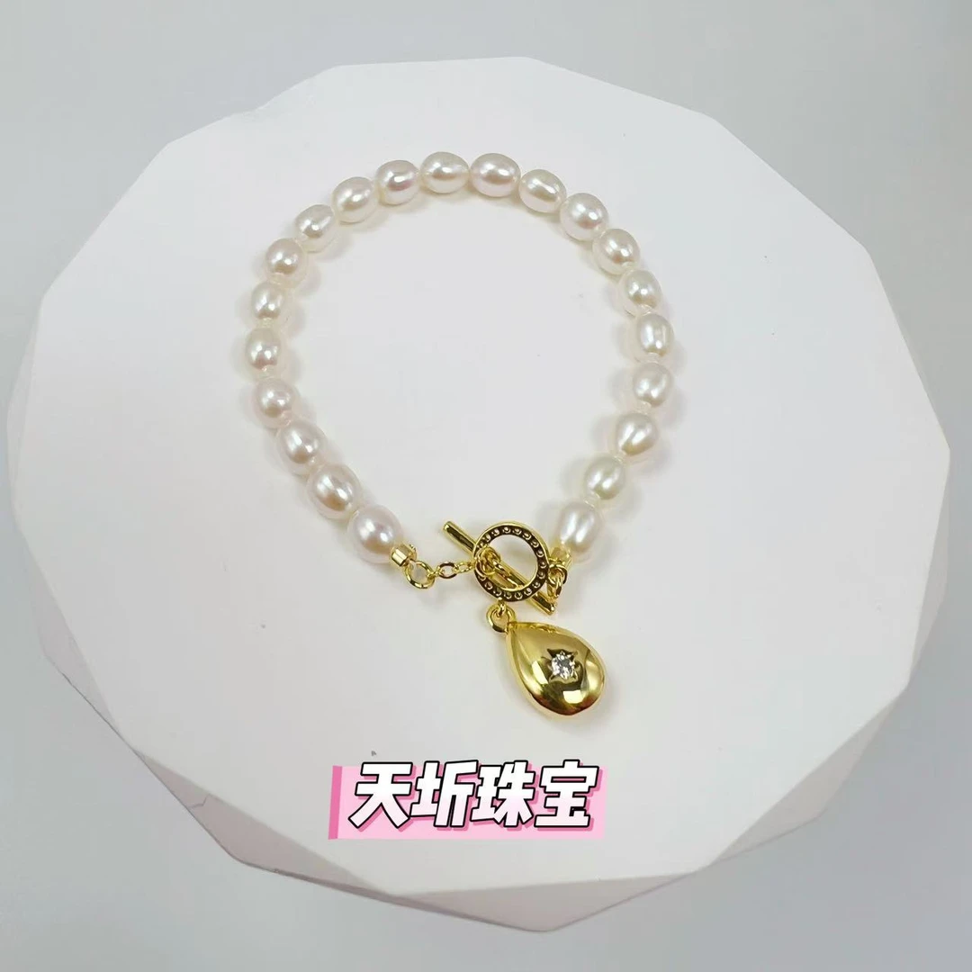 【天圻珍珠】6-7mm淡水无核珍珠（水滴）手链合金气质简约