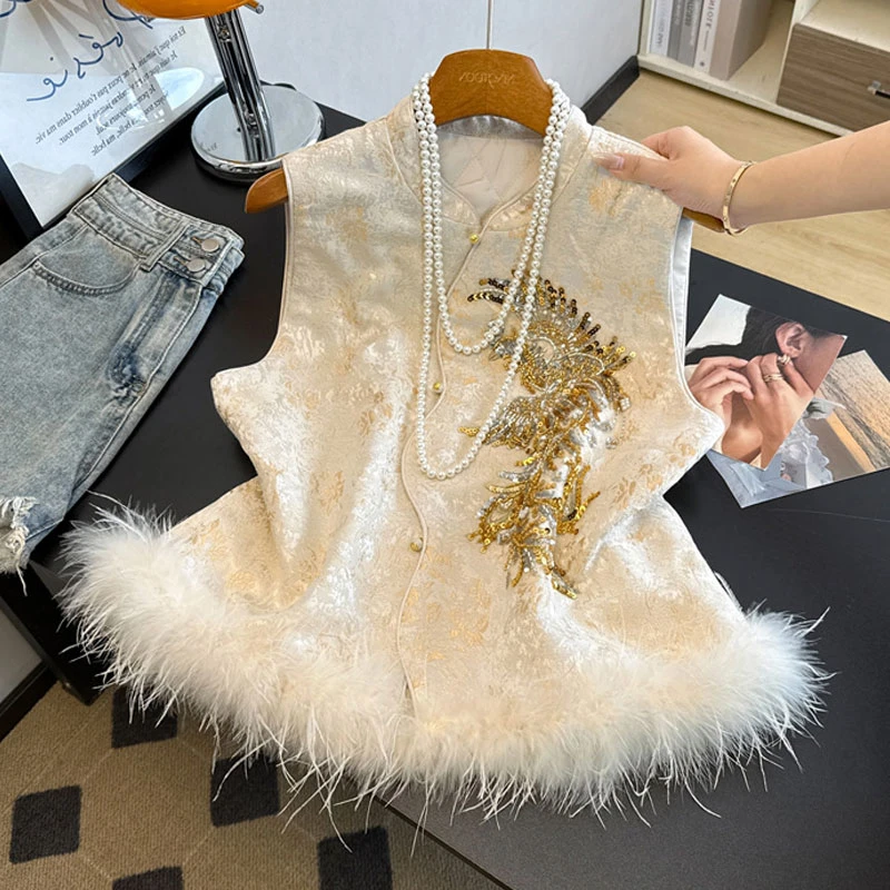 新中式国风马甲鸵鸟毛女款坎肩背心秋冬夹棉提花马夹刺绣盘扣外套