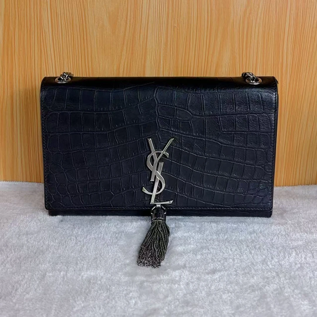 99新 YSL/圣罗兰 鳄压雾面黑银流苏/斜挎包链条包/E店