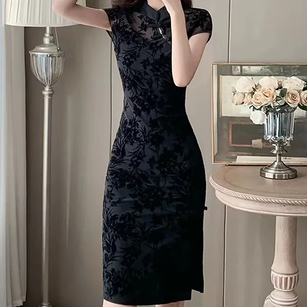 【卢大婷专属】夏季黑色复古改良蕾丝旗袍连衣裙裙子中式显瘦洋气