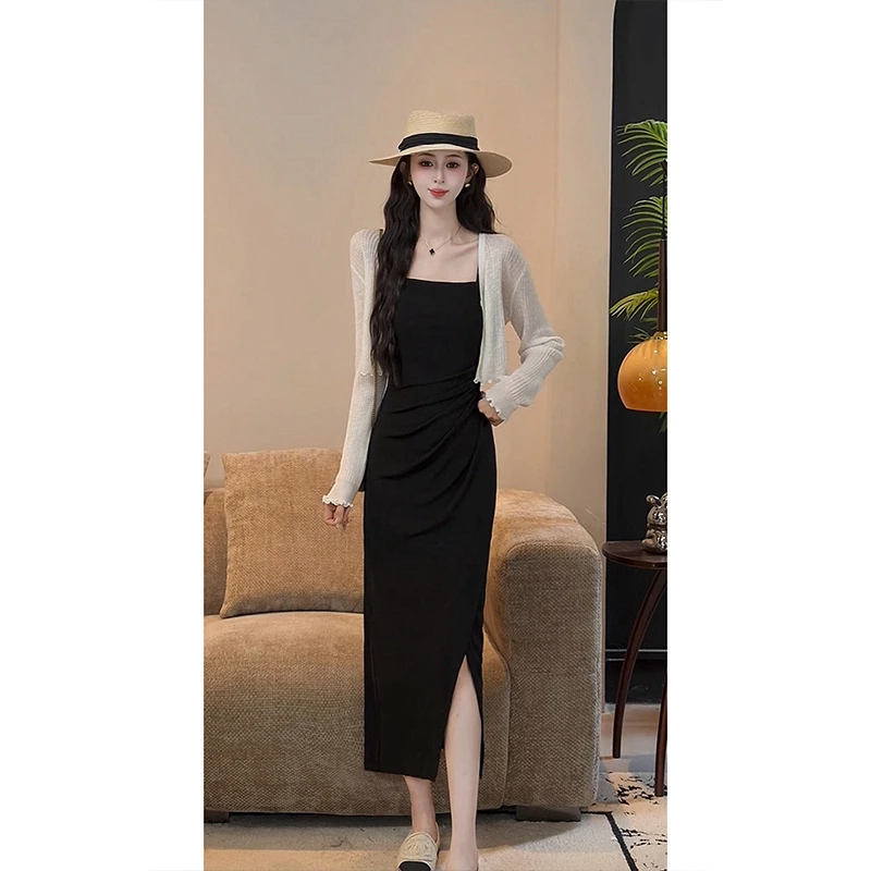 YUANLIANSU/圆脸酥【雾漫章篇】法式开衫上衣+黑色吊带连衣裙两件套