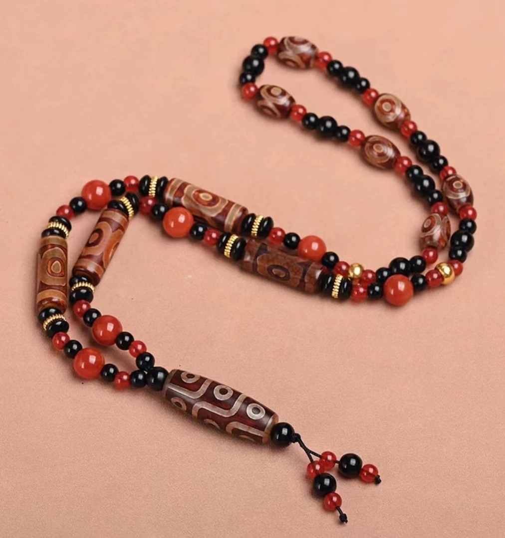 藏式臻品老天然玛瑙九眼三眼佛光古珠项链吊坠