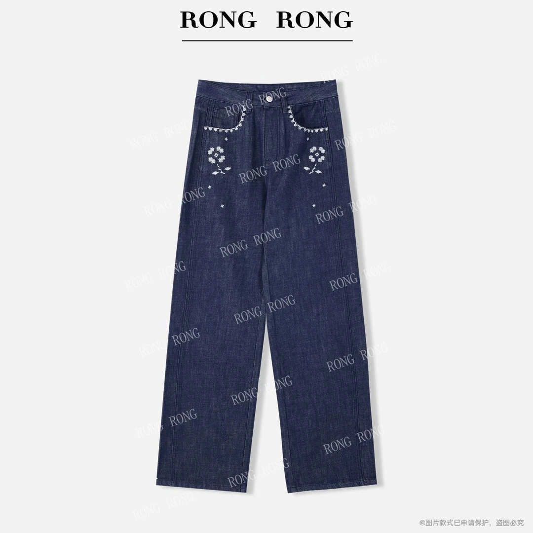 溶溶【流云笙花】RONGRONG 醋酸莱赛尔混纺刺绣简约直筒牛仔裤L430