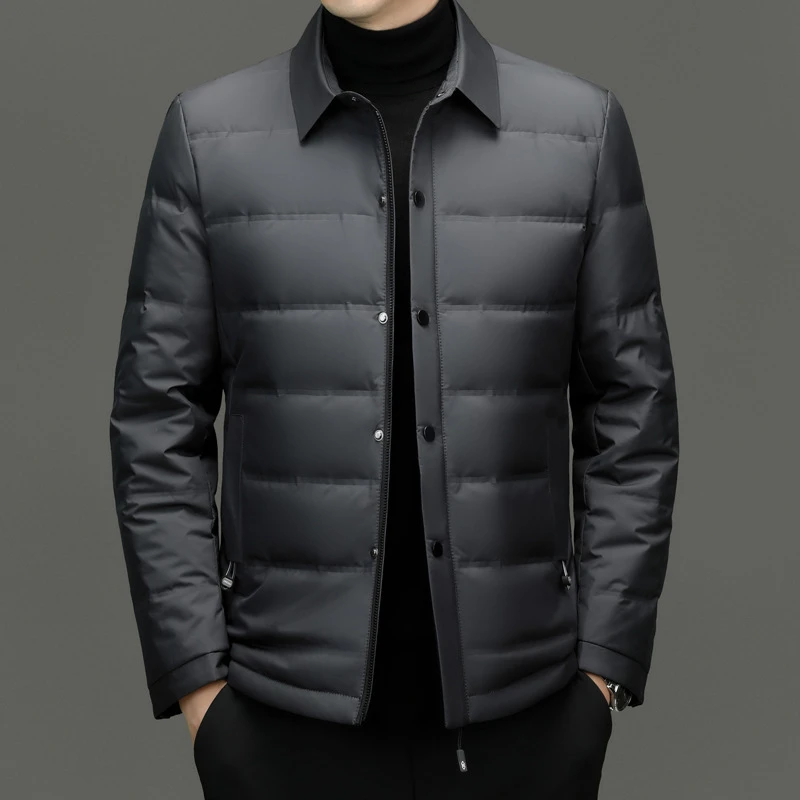 路易圣戈希男士轻薄韩版羽绒服中年冬季户外短款商务纯色翻领外套
