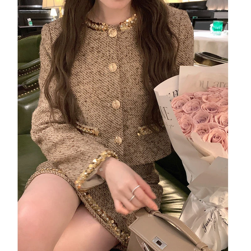 FFmiss◆小香风金色编织亮片羊毛呢短外套女圆领钉珠洋气短裙套装