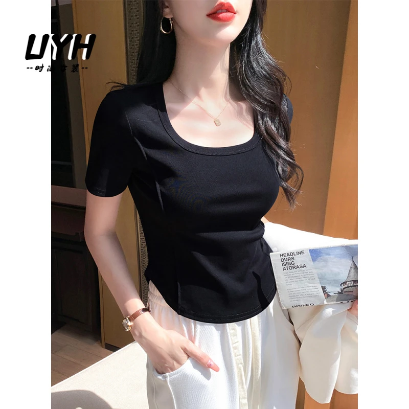 UYH黑色短袖T恤女2025新款春夏季高腰正肩显瘦短款收腰鱼骨低领上