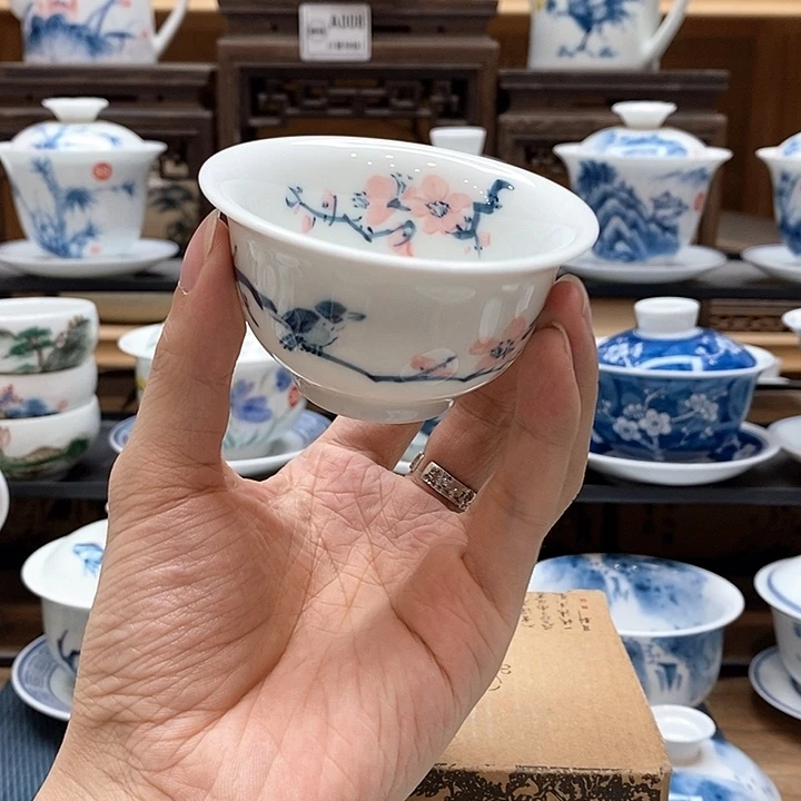 手绘喜上眉梢压手杯85cc釉下彩微瑕福利款