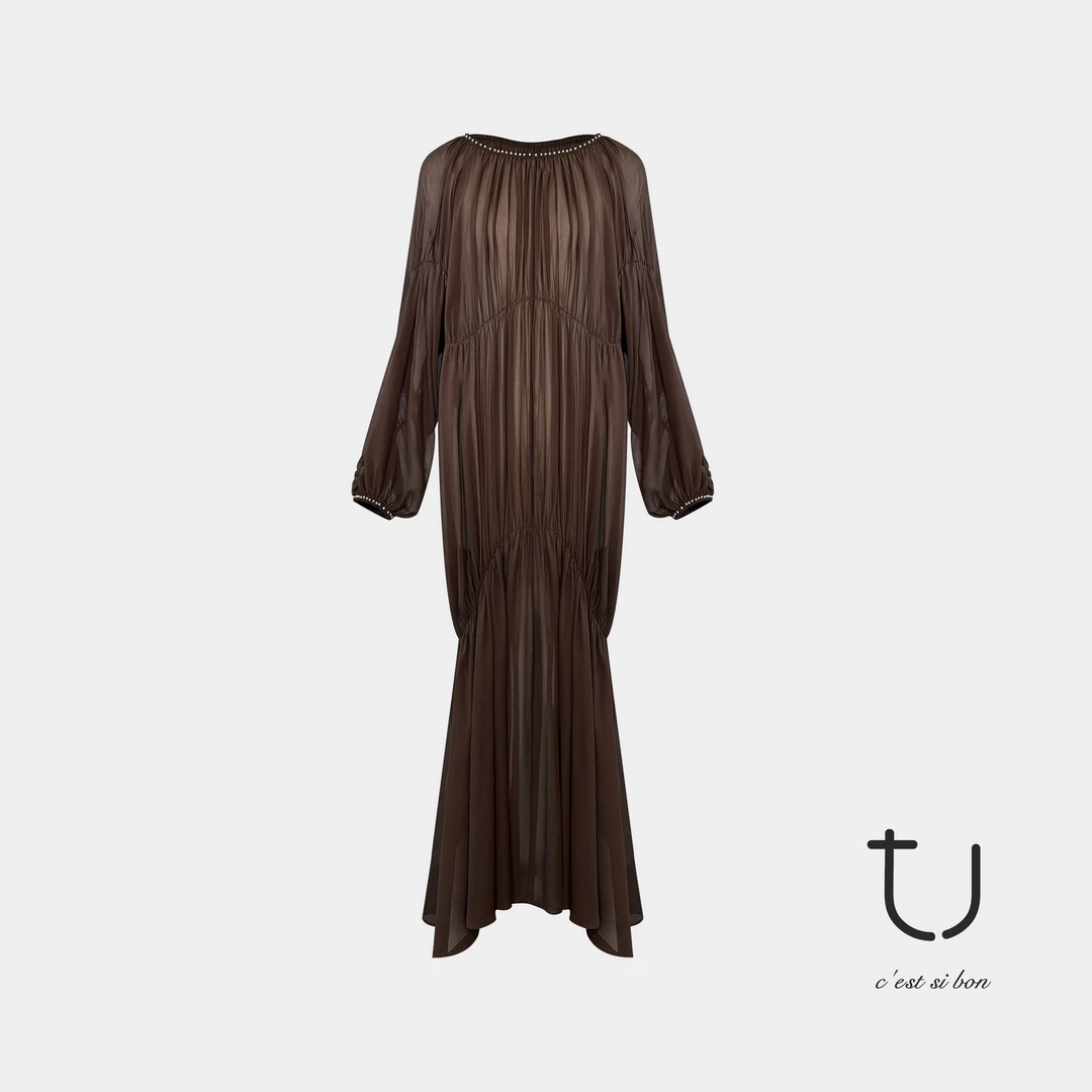 TU女装 烟萝 真丝钉珠连衣裙2025年秋季新款桑蚕丝琥珀流光长裙子