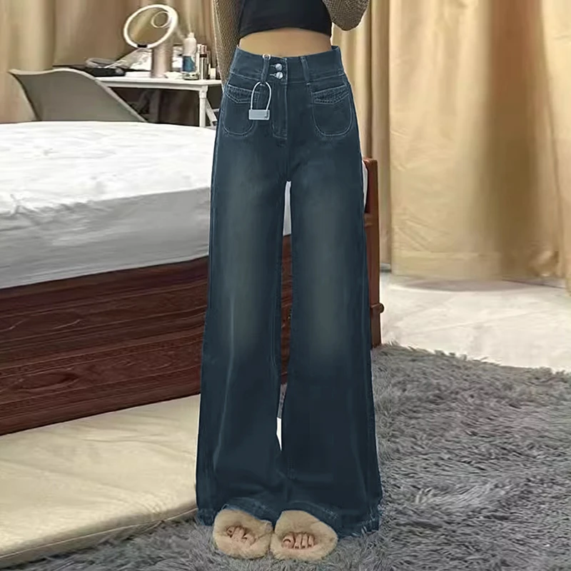 深蓝色加绒加厚阔腿牛仔裤女秋冬大码胖mm宽松直筒高腰显瘦拖地裤