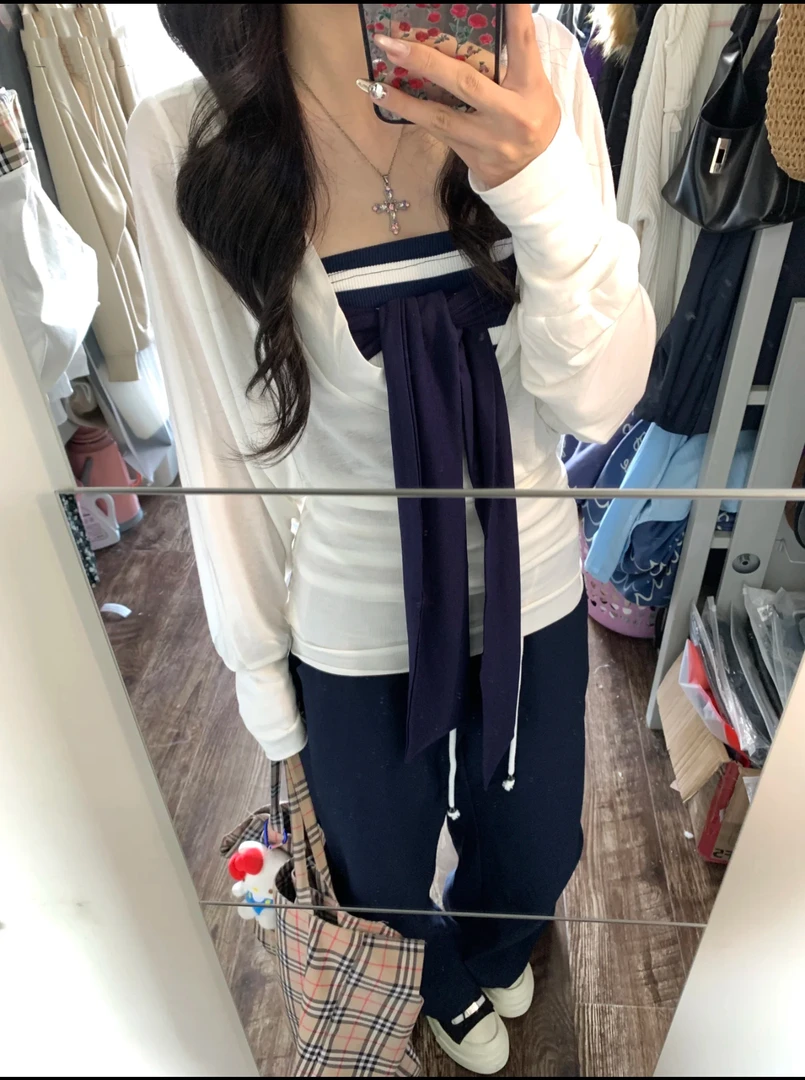 十三行 T恤时尚套装早秋套装条纹抹胸上衣搭配长袖罩衫两件套