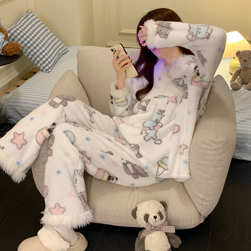 睡衣女秋冬季加绒加厚款珊瑚绒长袖冬天保暖甜美法兰绒家居服套装