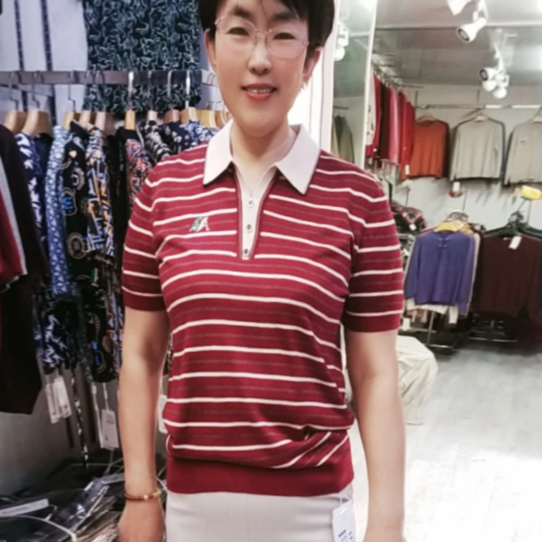 夏季新款中老年女装休闲短袖潮流翻领女士条纹针织衫上衣
