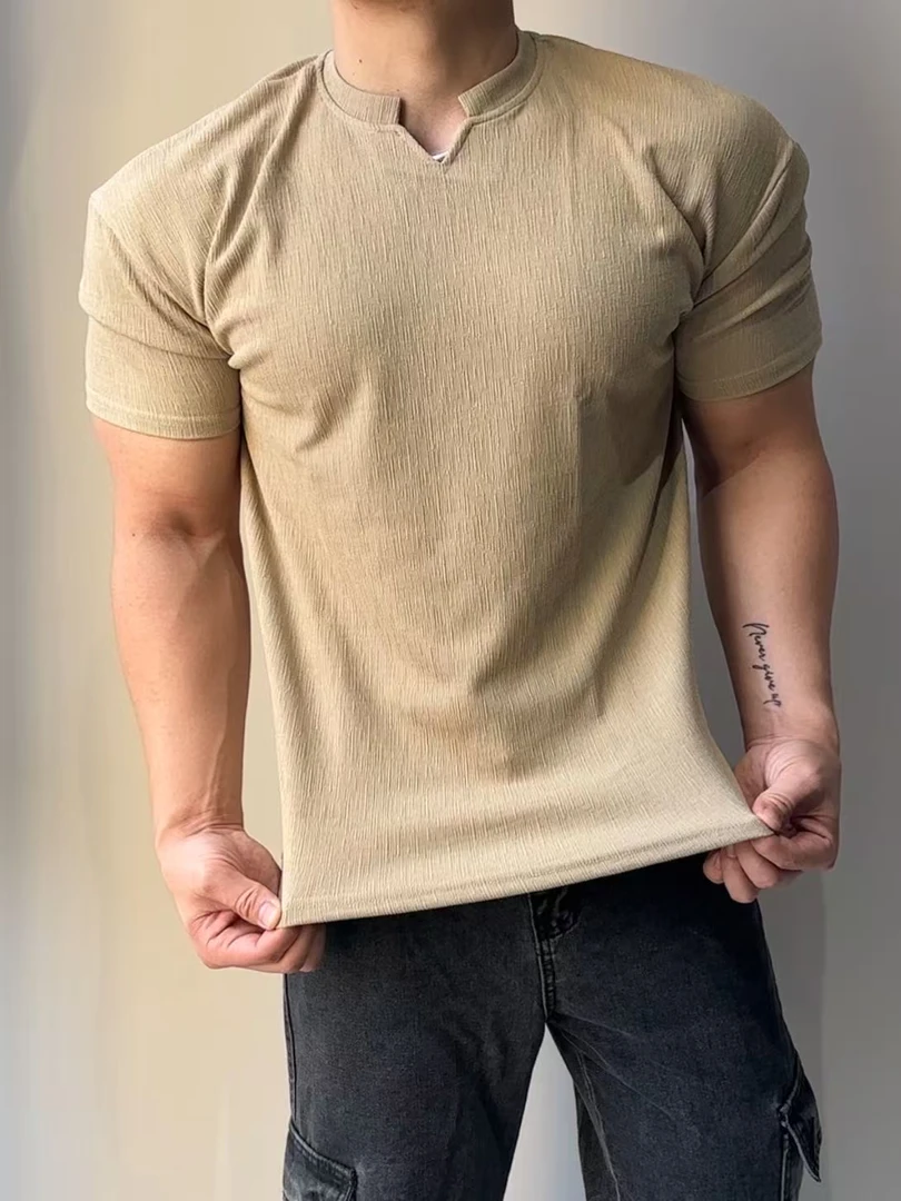 新款夏季运动短袖男修身收袖口健身透气T恤V领圆领纯色收腰衣服